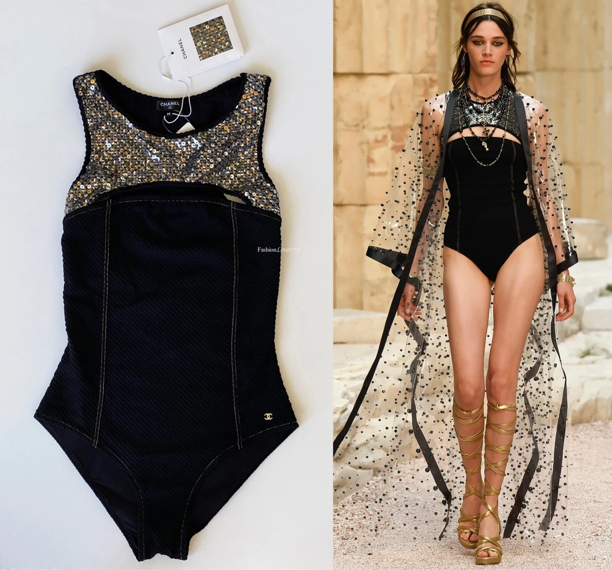 NWT CHANEL 18C GREECE RUNWAW BLACK SEQUIN BATHINGSUIT SWIMSUIT BODYSUIT 38