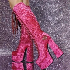 Women Knee High PlatformBoots Patchwork Full Zipper Shoes Lace Chunky High Heels