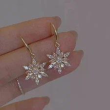 Gold Snowflake Crystal Drop Earrings for Women – Sparkly CZ Winter Dangle Hoops