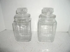 2 VTG Anchor Hocking ? Koeze's Glass Canister w Lid Apothecary candy Jar stopper