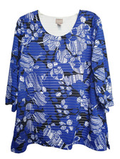 Chico's Blue Striped Spring Leaves Scoop Neck 3/4 Sleeve Tunic Size 3 XL 