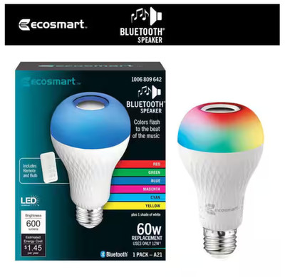 EcoSmart Bluetooth Speaker Medium LED Light Bulb W/ Remote Control (1-Pack)