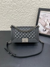 Chanel Medium Boy Flap Black Caviar Leather Palladium HW Chain Bag Auth