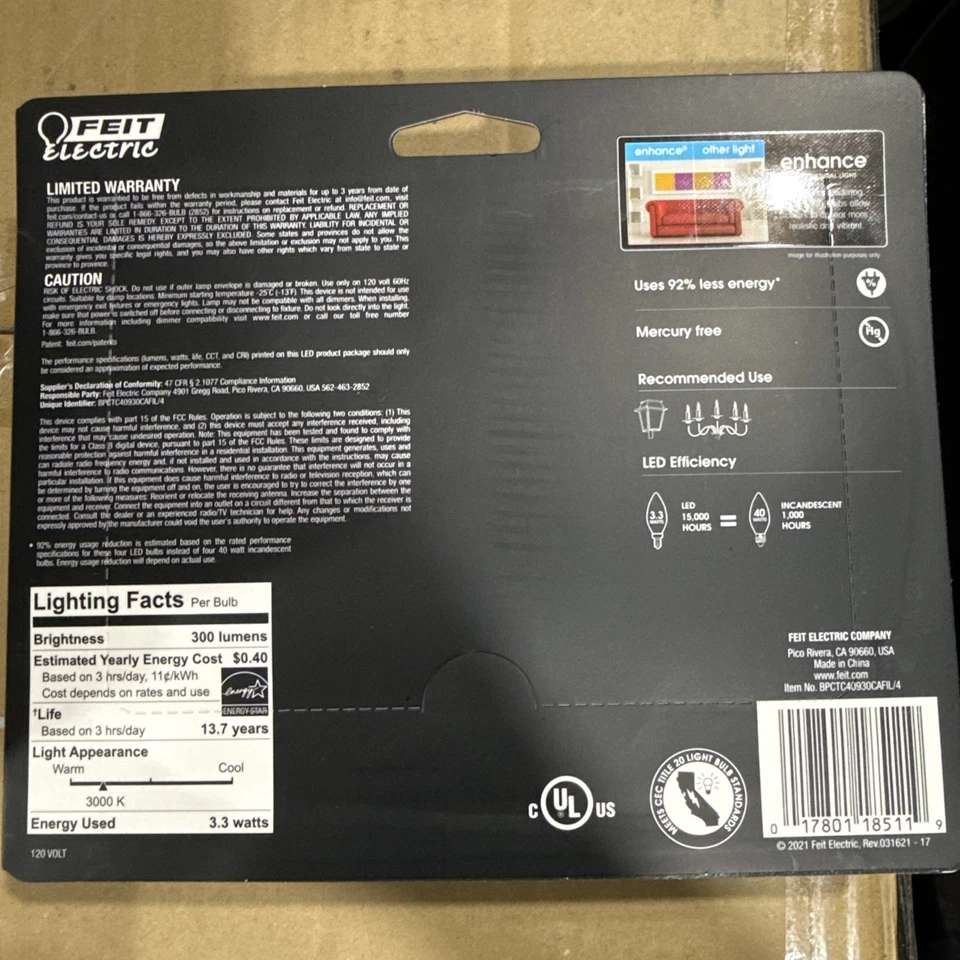 BPCTC40930CAFIL/4 FEIT ELECTRIC B10 3.3 Watt Candelabra Bulbs (E12)BW 3000K 4-PK - Image 3 of 3