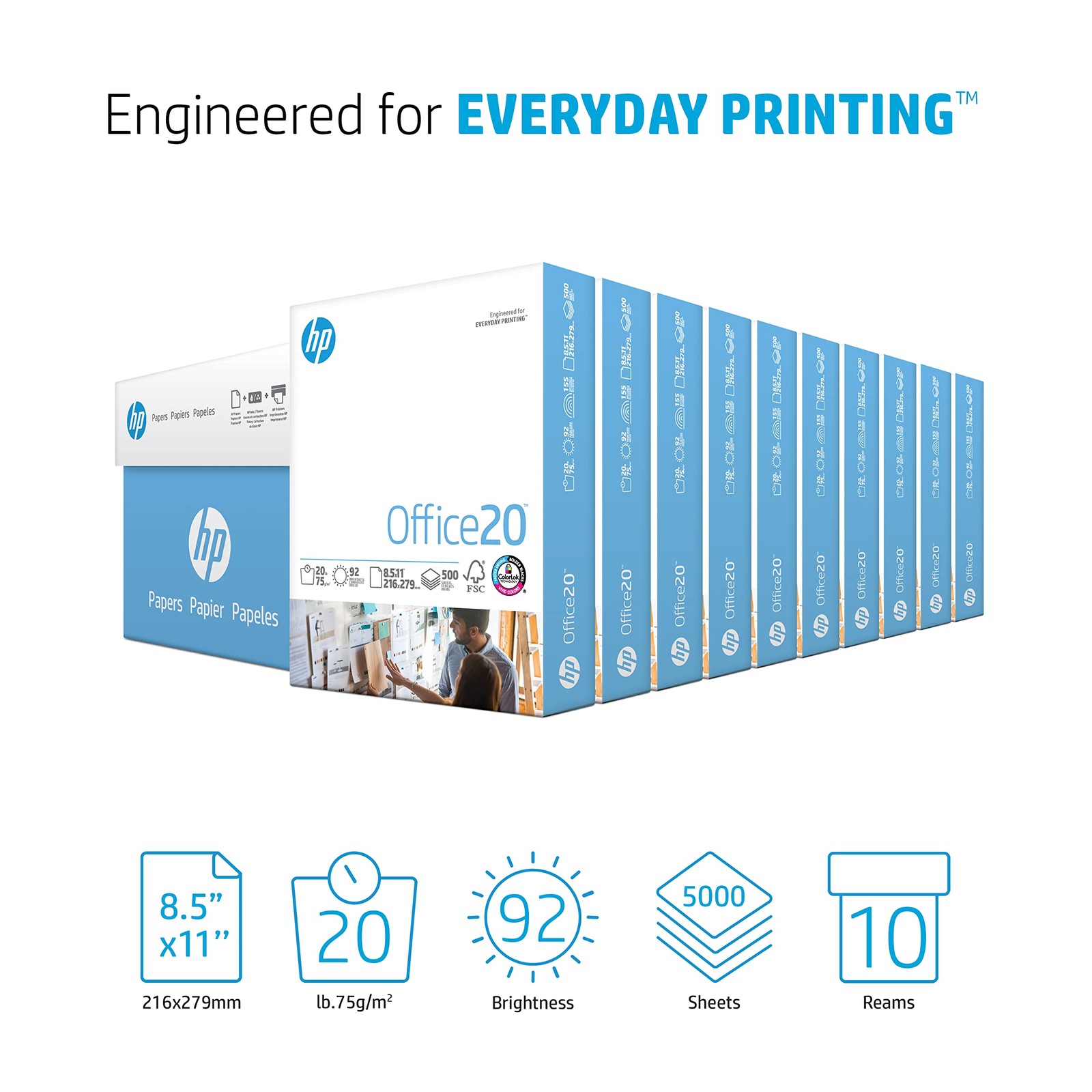 Hp Papers Hp Printer Paper Office20 8.5 X 11 Letter 92 Bright / 10 Ream ...