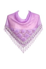 Vintage Lavender Beaded Floral Triangle Scarf Shawl Lace Fringe Romantic Cottage