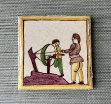 Antique AETCO American Faience European Style Art Tile, 2 Men & Spinning Wheel