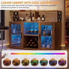 Farmhouse Brown Wine Cabinet w LED Lighting,Glass Shelves,Wine Rack&Power Outlet