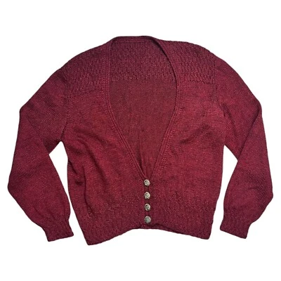Vintage 70's 80's Strickjacke L/XL 14 16 18 Tief Weinrot Gold Knöpfe V Hals - Bild 1 von 3