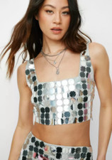 BNWT Nastygal Mirrorball Disc Sequin Square Neck Crop Top Silver Sz:10  RRP:£72