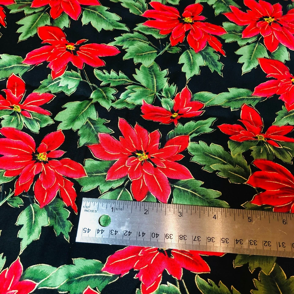Clothworld Woodland Beautys Navidad 1993 Poinsettias on Black 1,75 yardas Foto 2 de 4