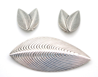 Eigil Jensen Anton Michelsen Denmark Sterling Modernist Feather Brooch Earrings