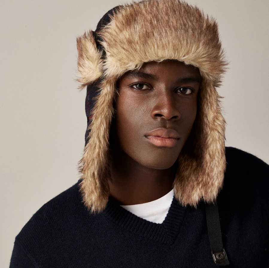 New men's J Crew English wool faux-fur lined trapper hat in green tartan plaid