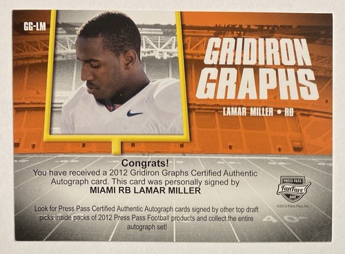 Lamar Miller 2012 Press Pass Gridiron Graphs AUTO INSCRIPTION MILLER TIME 1/1 - Picture 2 of 8