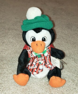 Vtg 1999 Coca-Cola Penguin in Red Striped Vest #0205 Bean Bag Plush Green Hat
