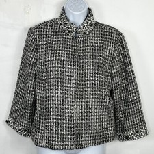 Chicos Blazer Sz 1 M Black White Check Beaded Trim Old Money Timeless Tweed