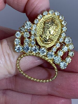 Crown Woman's Face Clear Rhinestones Vintage Gold Brooch Glasses Holder  M-3396*