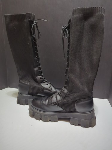 Call It Spring - Platform Knee High Boots - Black Womens Size 7 M Lace Up Fabric - Picture 8 of 11