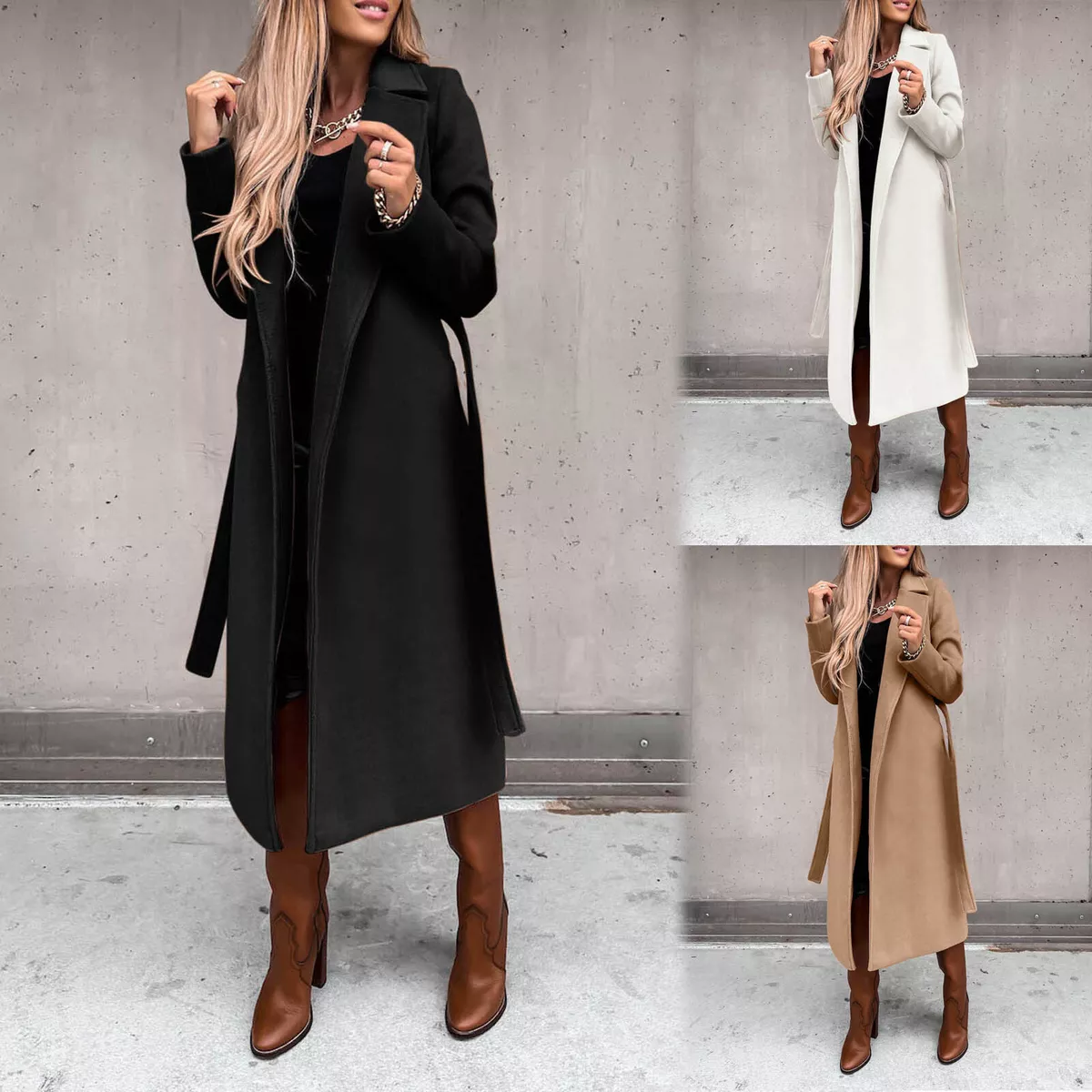 Womens Classic Coat Lapel Collar Open Front Belted Long Jacket Work Trench Coat