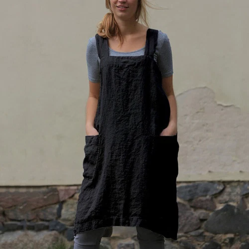 Damen Baumwolle Leinen Rückenschürze Kleid Damen Locker Hausmann Kochen Florist Neu - Bild 17 von 23