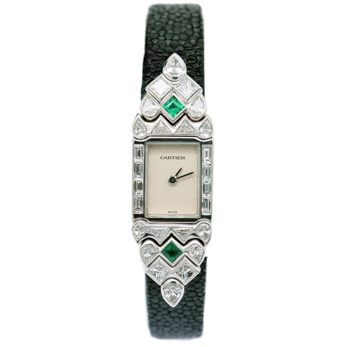 Cartier 18k White Gold And Emerald Diamond Quartz Ladies Watch | eBay