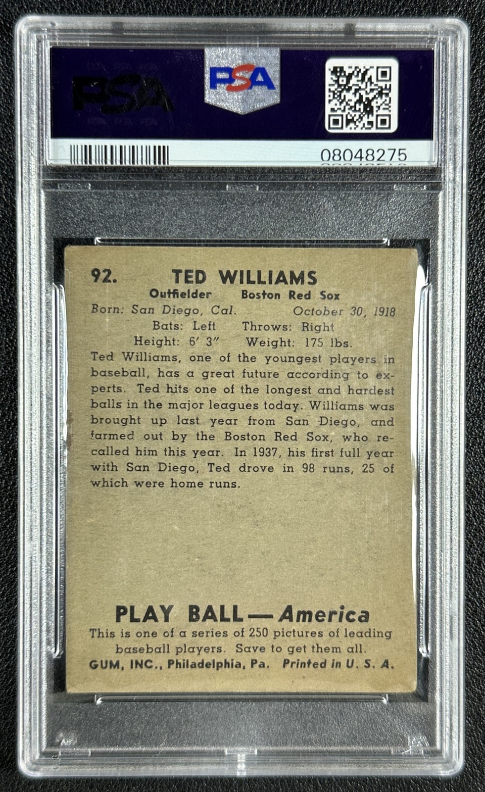 TED WILLIAMS PSA 3 1939 PLAY BALL #92 ROOKIE CARD RC RED SOX VG view 2