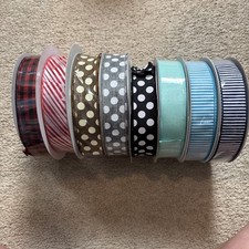 Ribbon LOT Of 8 Rolls 1 Used 50 Yds Polkadot, stripe HUGE LOT