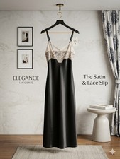 Elegance Lingerie Satin Lace Full Slip Black Beige Adjustable Strap S L M XL