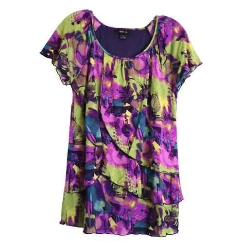 Style Co Tiered Ruffle Layered Blouse Colorful Flutter Sleeves Small Tie Dye