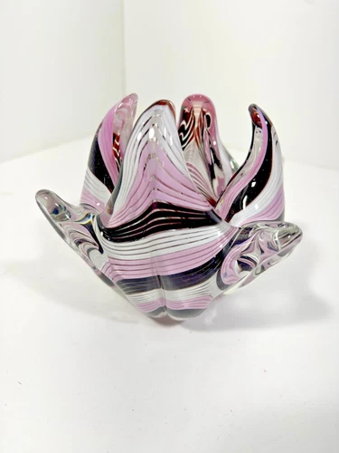 VTG Murano Mezza Filigrana Art Glass Vase Pink Black Folded Rim