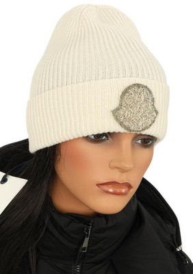 NEW MONCLER WOOL CASHMERE  WHITE BEADED LOGO BEANIE HAT ONE SIZE RFID CODE