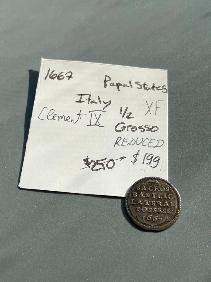 Italia Estados Pontificios Papa Clemente IX 1667 Plata 1/2 Grosso Roma Fuerte EF Foto 4 de 4