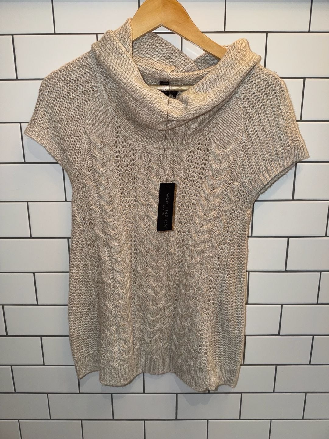 Worthington Petite Cowl Neck Cable Knit Short Sleeve Sweater