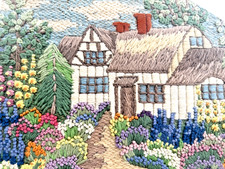 Vintage Crewel Framed Embroidery House & Garden  15.5 x 12 3/4 in
