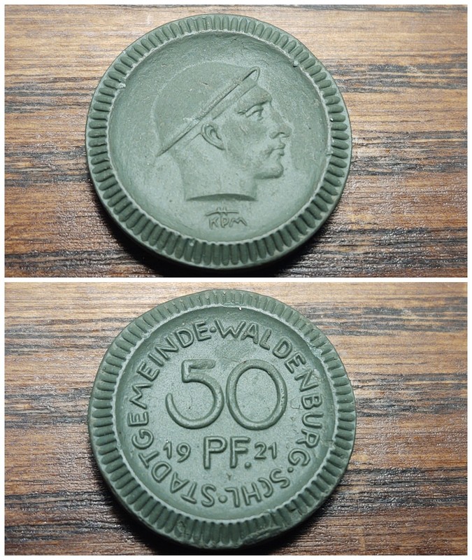 GERMANY SILESIA WALDENBURG GREEN PORCELAIN 50 Pfennig Mark 1921 Coin