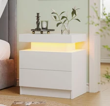 White Nightstand LED Bedside Table for Bedroom Modern Night Stand with 2 Wood Dr