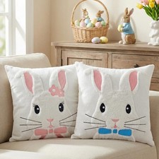 Easter Throw Pillow Covers 18x18 Set of 2, Spring 3D White Bunny with Embroidere