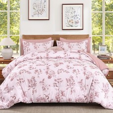 Dinjoy Floral Comforter Set Queen, 7 Piece Pink Bedding with Sheet Elegant Be...