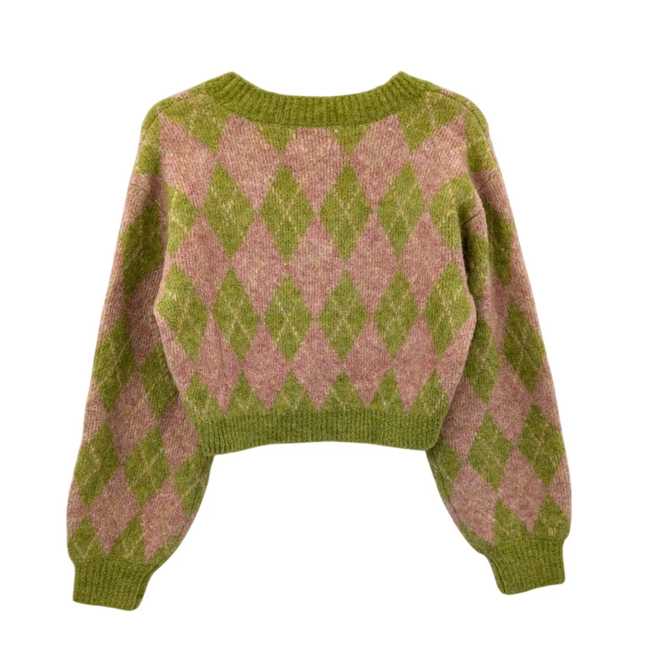 Cárdigan tejido recortado LUSH Argyle para mujer talla S grueso retro argyle abotonado Y2K Foto 2 de 4