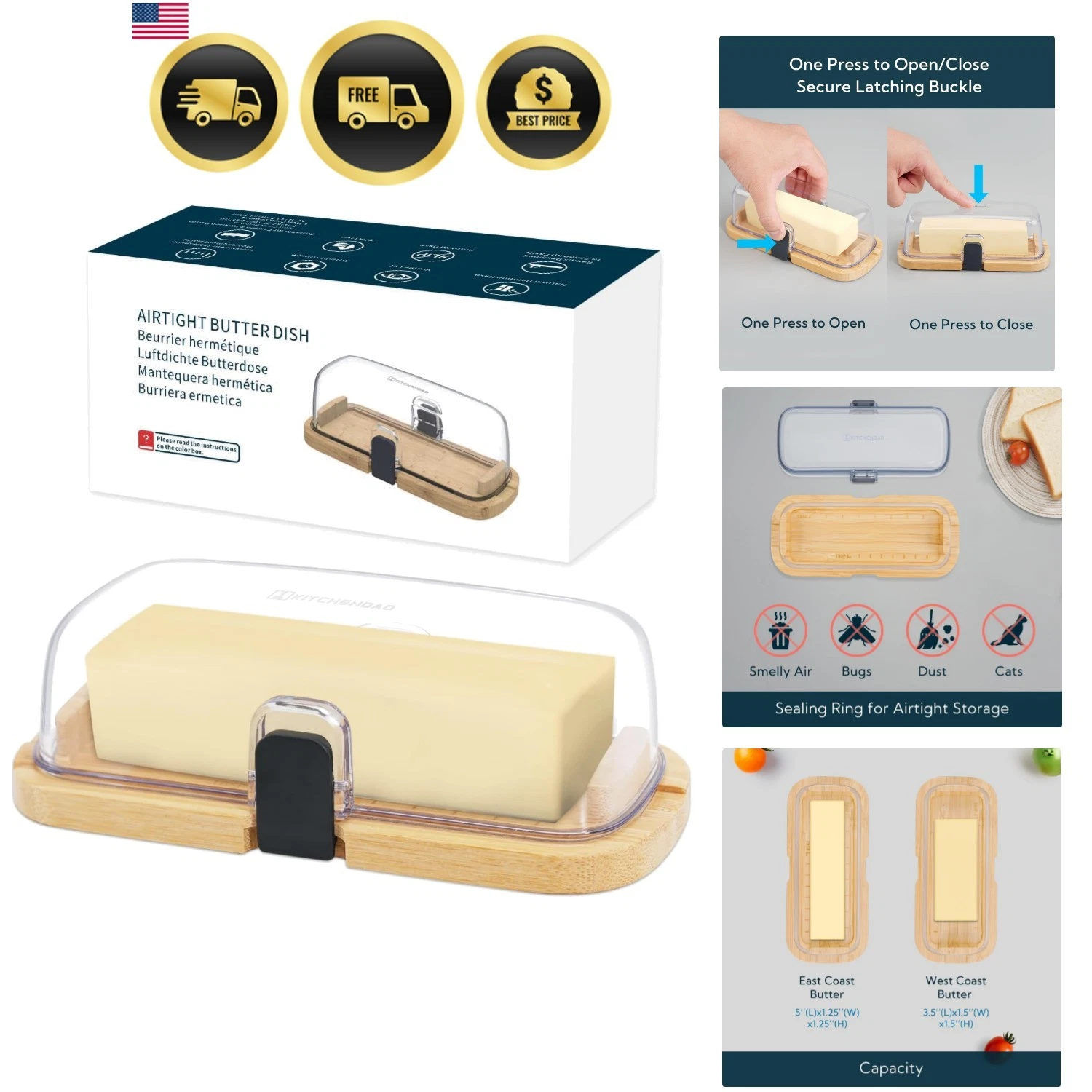 Bamboo One-handed Airtight Butter Dish with Lid for Countertop and Refrigerat...