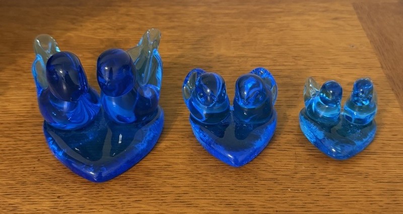 3 Sets Of Blue Leo Ward Birds On A Heart In All Different Sizes/ Signed N Dated