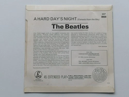 THE BEATLES   A HARD DAY'S NIGHT   ORIGINAL  1964  U.K. EP   EJD SL