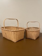 2 Vintage Wicker Woven Baskets Nesting W/ Handles Decor Organize Gather