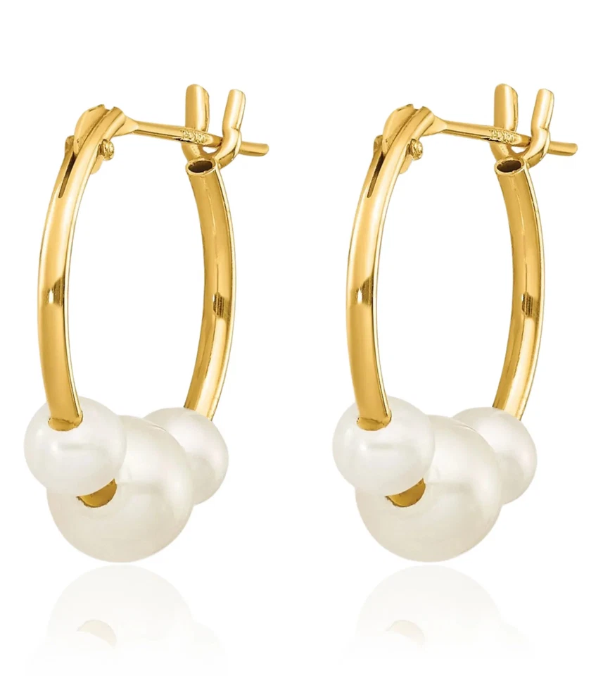 14K Solid Two Tone Gold Round Freshwater Cultured 3 Pearl Small Hoop Earrings - Image 2 of 4