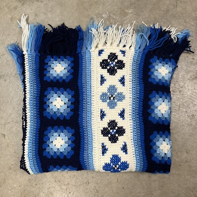 Vintage Blue & White Granny Square Afghan Blanket Hand Knit 58”x40