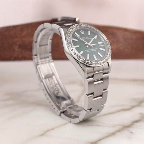 Rolex Oyster Perpetual 31 mm 1,75 ct diamanti quadrante verde acciaio orologio automatico - Foto 6 di 10
