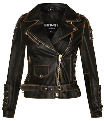 Damen schwarze Leder Biker Jacke Brando Motorrad ''LIVE TO RIDE'' Rindsleder