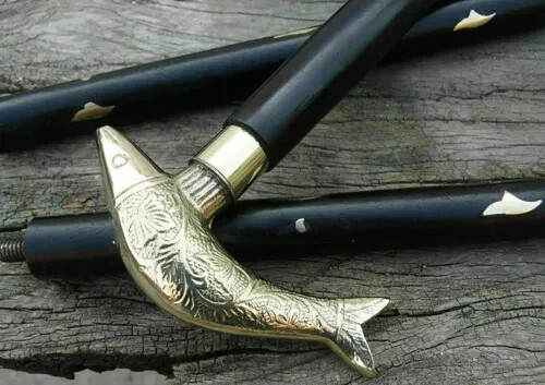 Vintage Solid Silver Brass Fish Head Handle Woode… - image 2