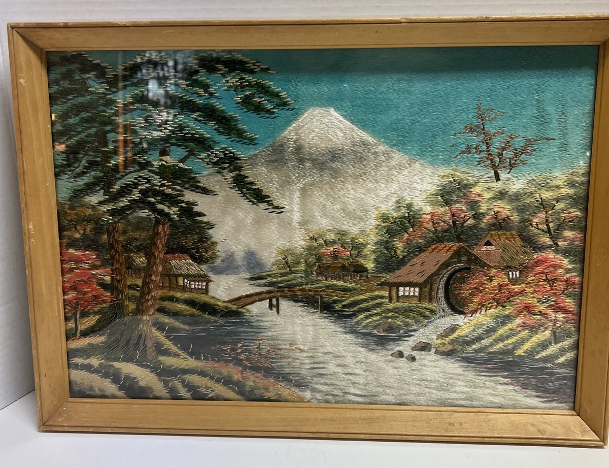 Vintage Japanese Silk Embroidery Art Mountain Mill Trees
