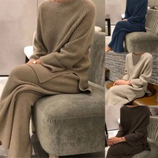 Knitted Sweater Thicken Warm Wide Leg Pants Two-Piece Suits Pullover Women's